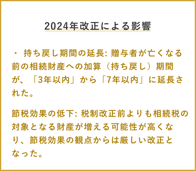 2024年改正による影響 ・ 持ち戻し期間の延長: 贈与者が亡くなる前の相続財産への加算(持ち戻し)期間が、「3年以内」から「7年以内」に延長された。 節税効果の低下: 税制改正前よりも相続税の対象となる財産が増える可能性が高くなり、節税効果の観点からは厳しい改正となった。