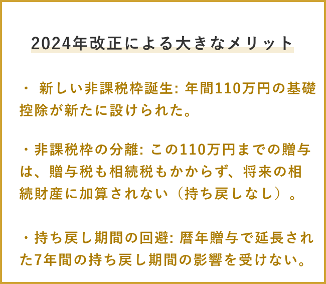 2024年改正による大きなメリット ・ 新しい非課税枠誕生: 年間110万円の基礎控除が新たに設けられた。 ・非課税枠の分離: この110万円までの贈与は、贈与税も相続税もかからず、将来の相続財産に加算されない(持ち戻しなし)。 ・持ち戻し期間の回避: 暦年贈与で延長された7年間の持ち戻し期間の影響を受けない。